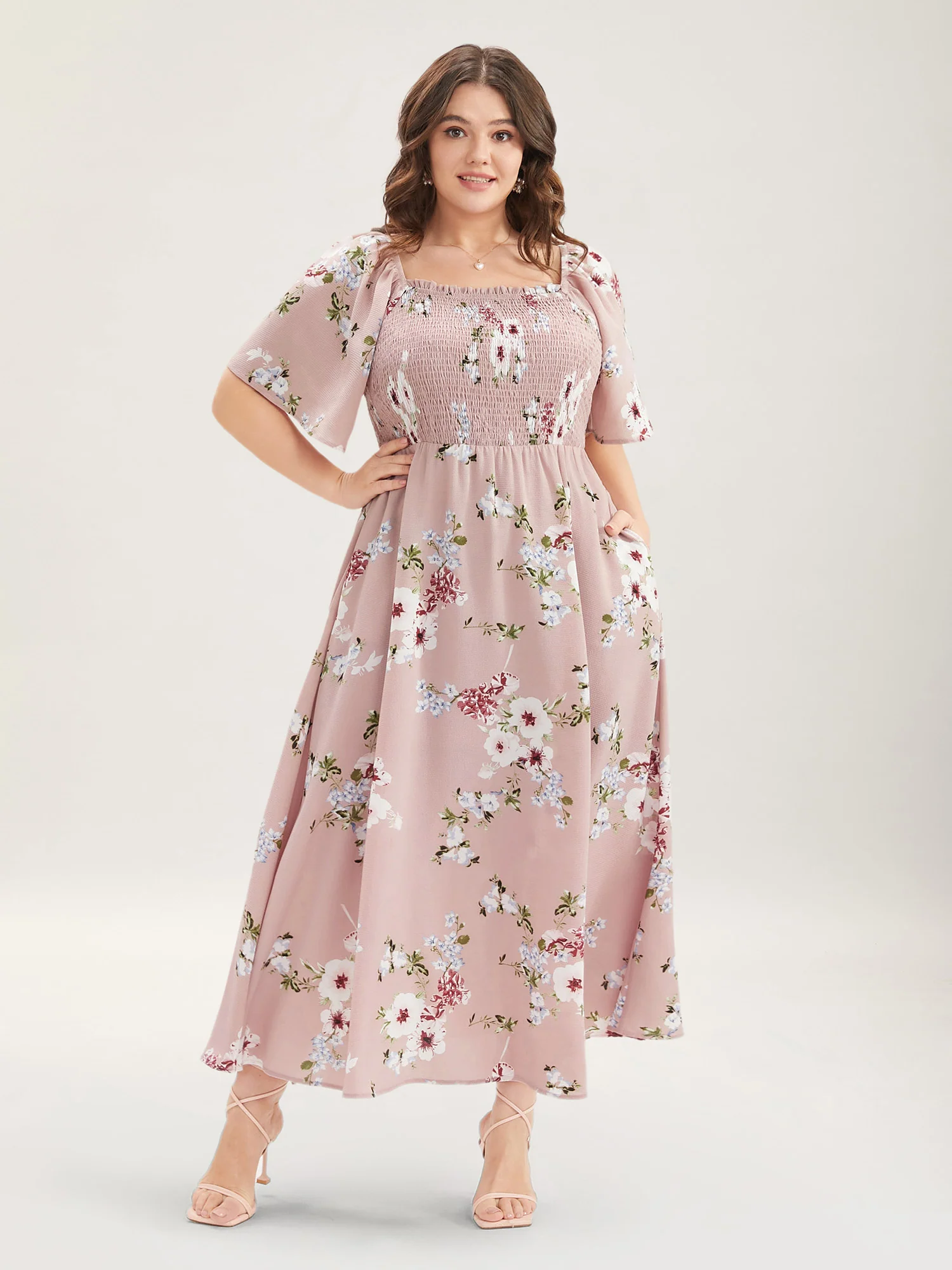 Floral Square Neck Ruffles Pocket Shirred Split Dress - Image 4