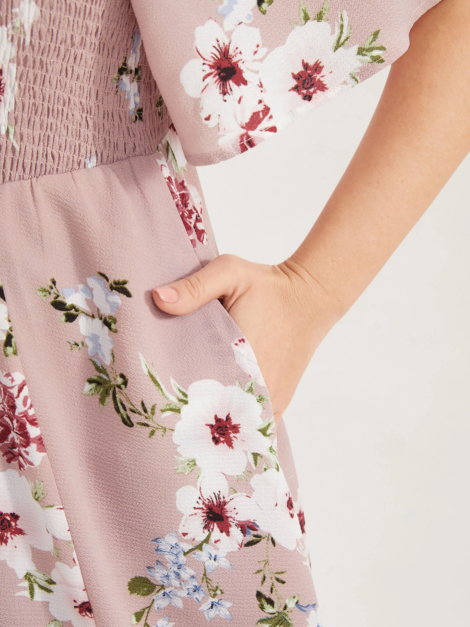 Floral Square Neck Ruffles Pocket Shirred Split Dress - Image 6