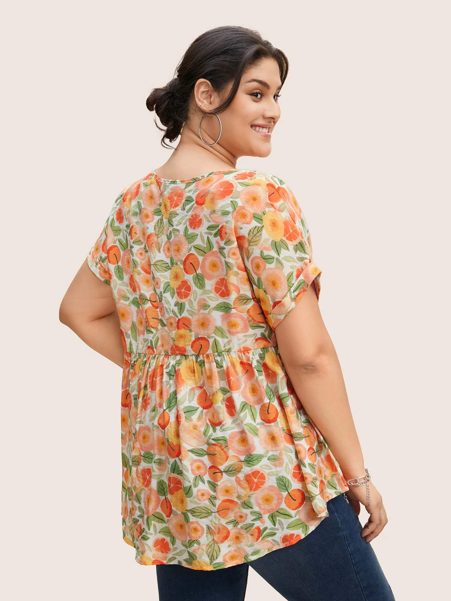 Fruit Print Curved Hem Batwing Sleeve Blouse - Image 6