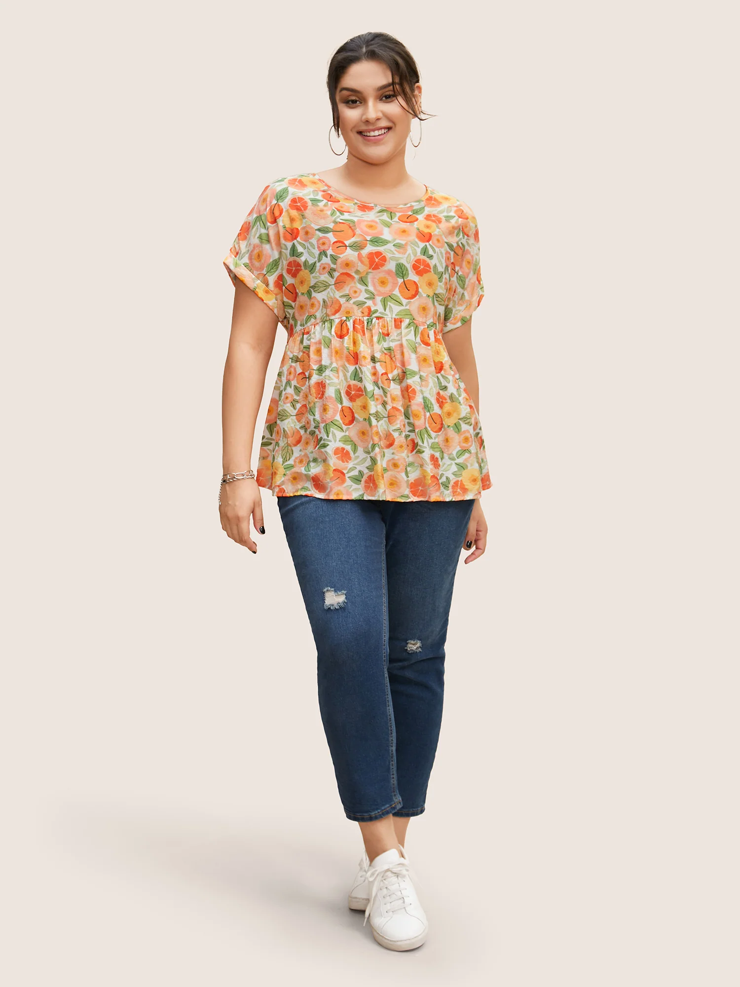 Fruit Print Curved Hem Batwing Sleeve Blouse - Image 7