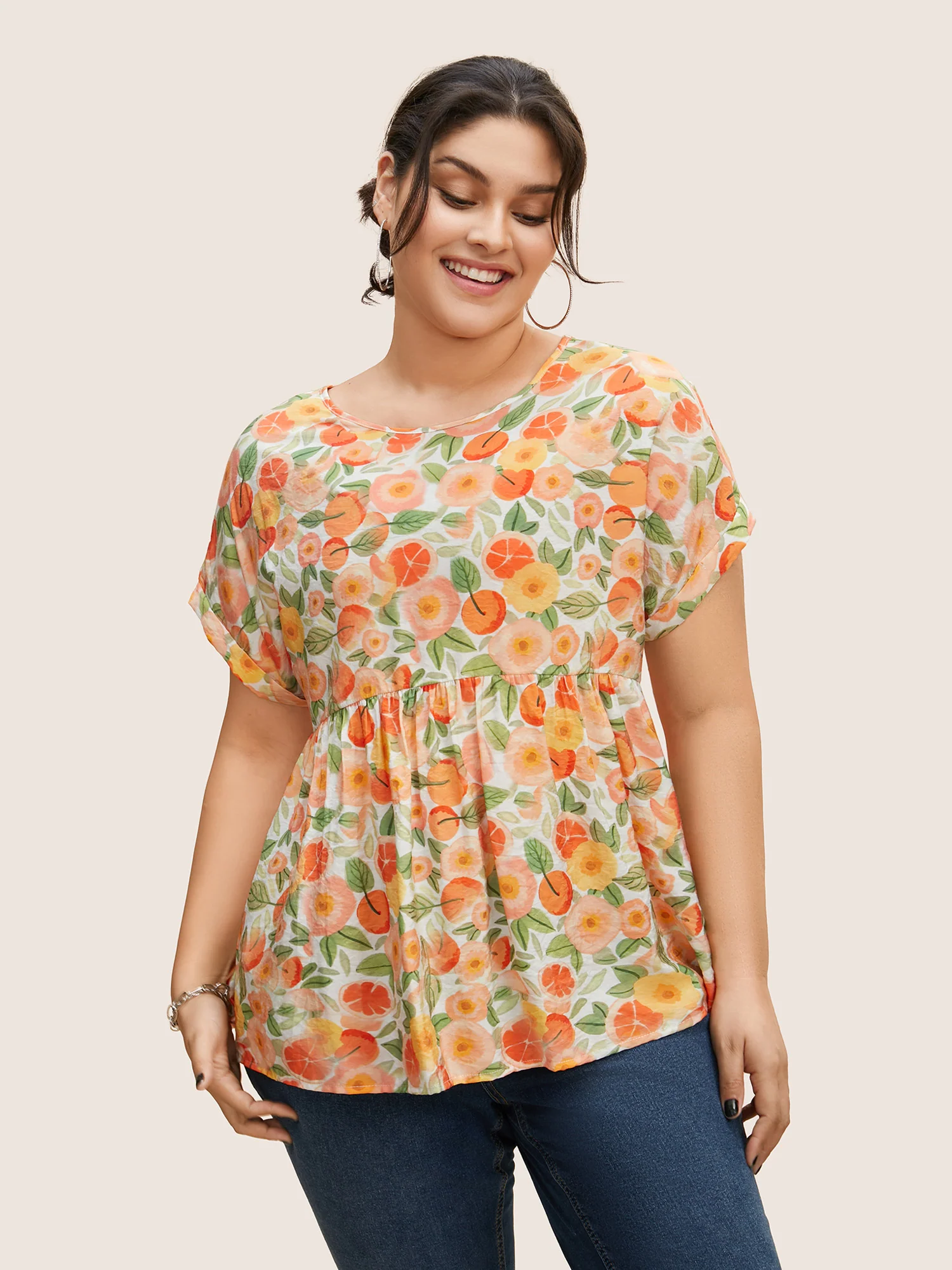 Fruit Print Curved Hem Batwing Sleeve Blouse - Image 8