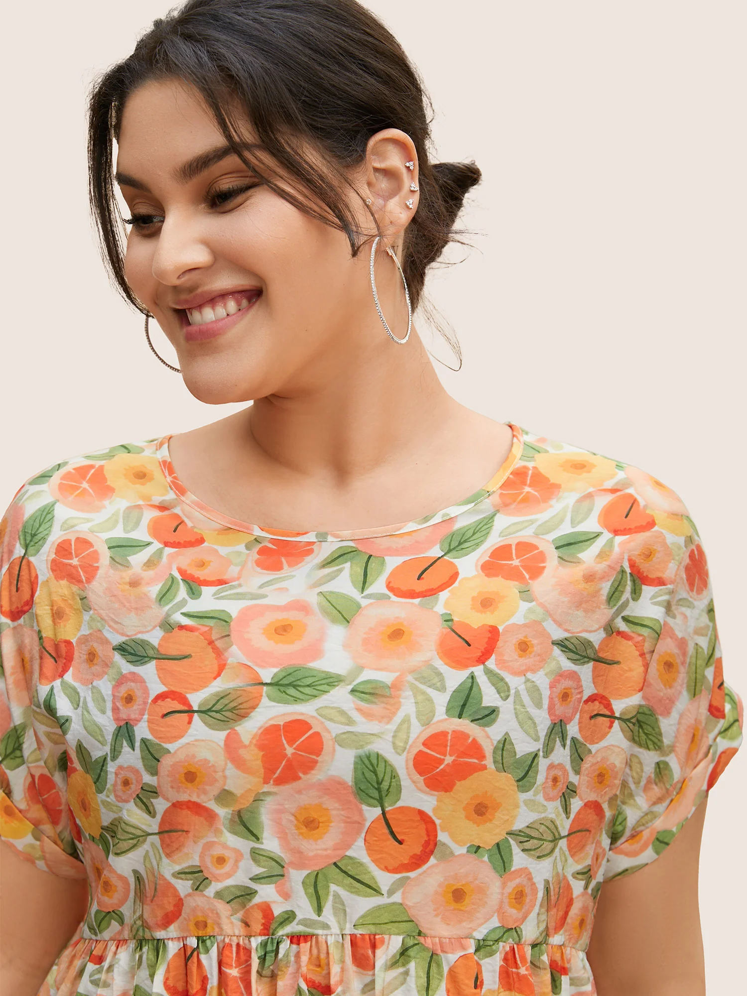 Fruit Print Curved Hem Batwing Sleeve Blouse - Image 9