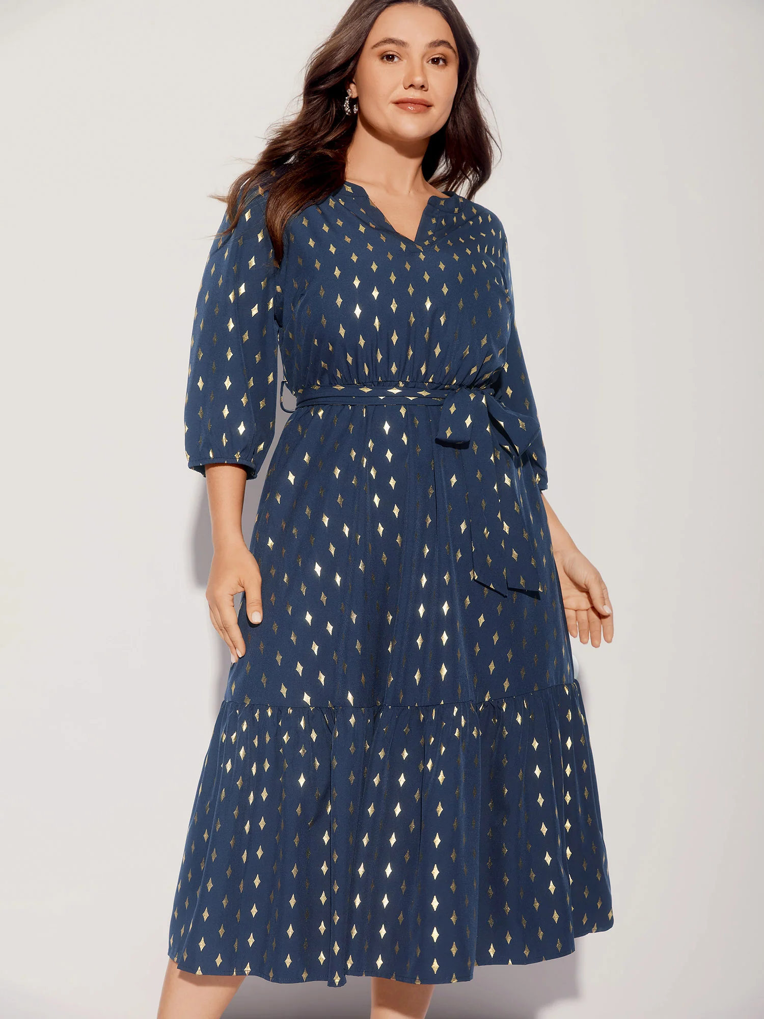 Glitter Notched Lantern Sleeve Midi Dress - Image 3