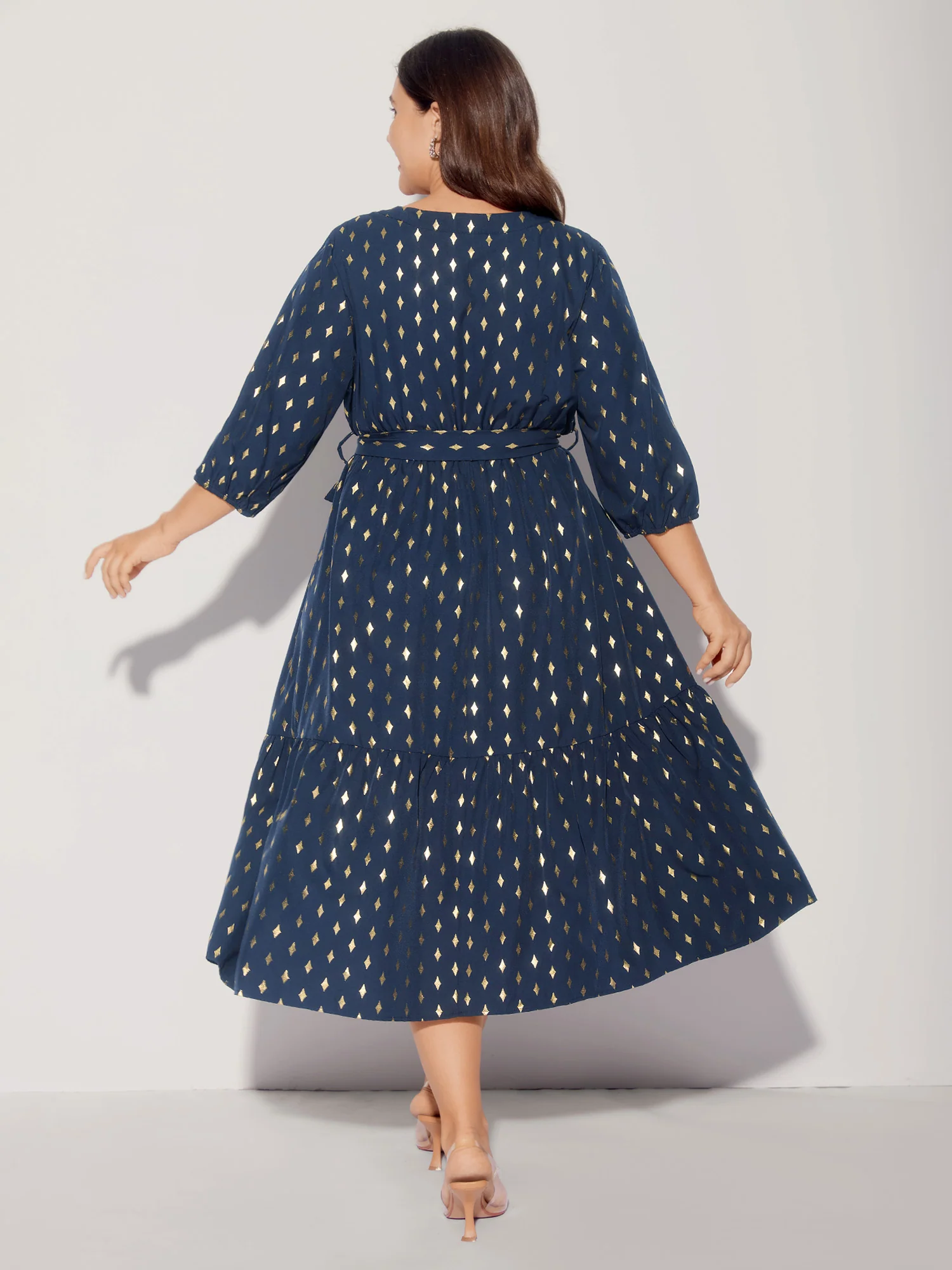 Glitter Notched Lantern Sleeve Midi Dress - Image 4