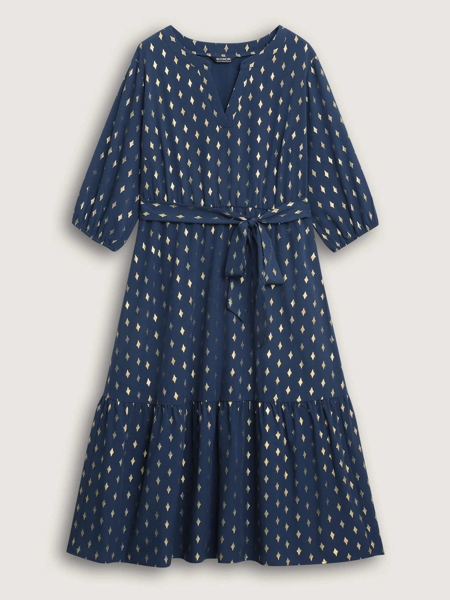 Glitter Notched Lantern Sleeve Midi Dress - Image 5