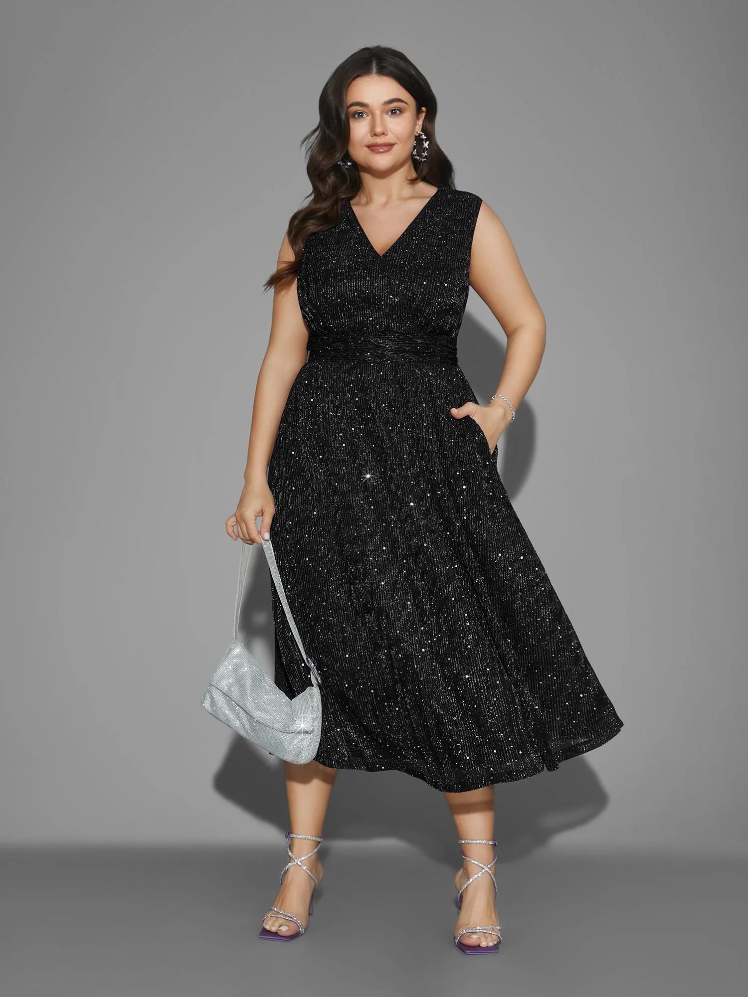 Sequin Surplice Neckline Sleeveless Midi Dress - Image 9