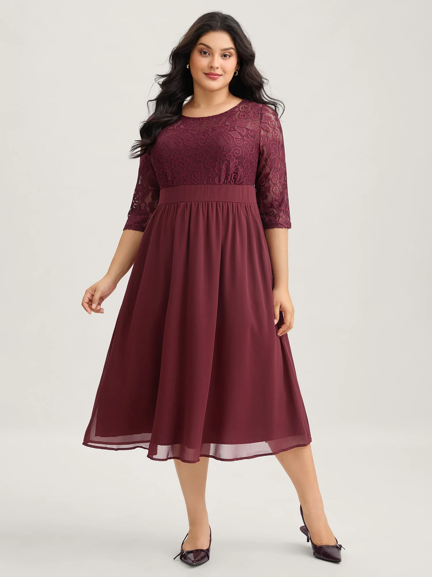 Lace Patchwork Shirred Midi Pocket Dress - Image 11