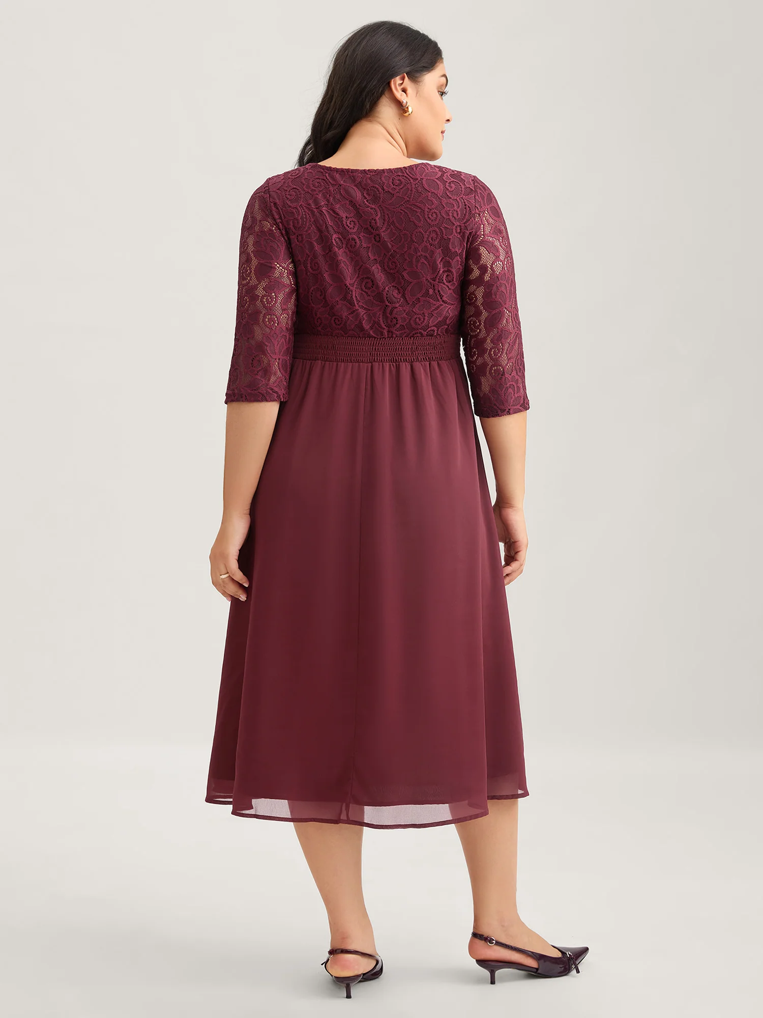 Lace Patchwork Shirred Midi Pocket Dress - Image 12