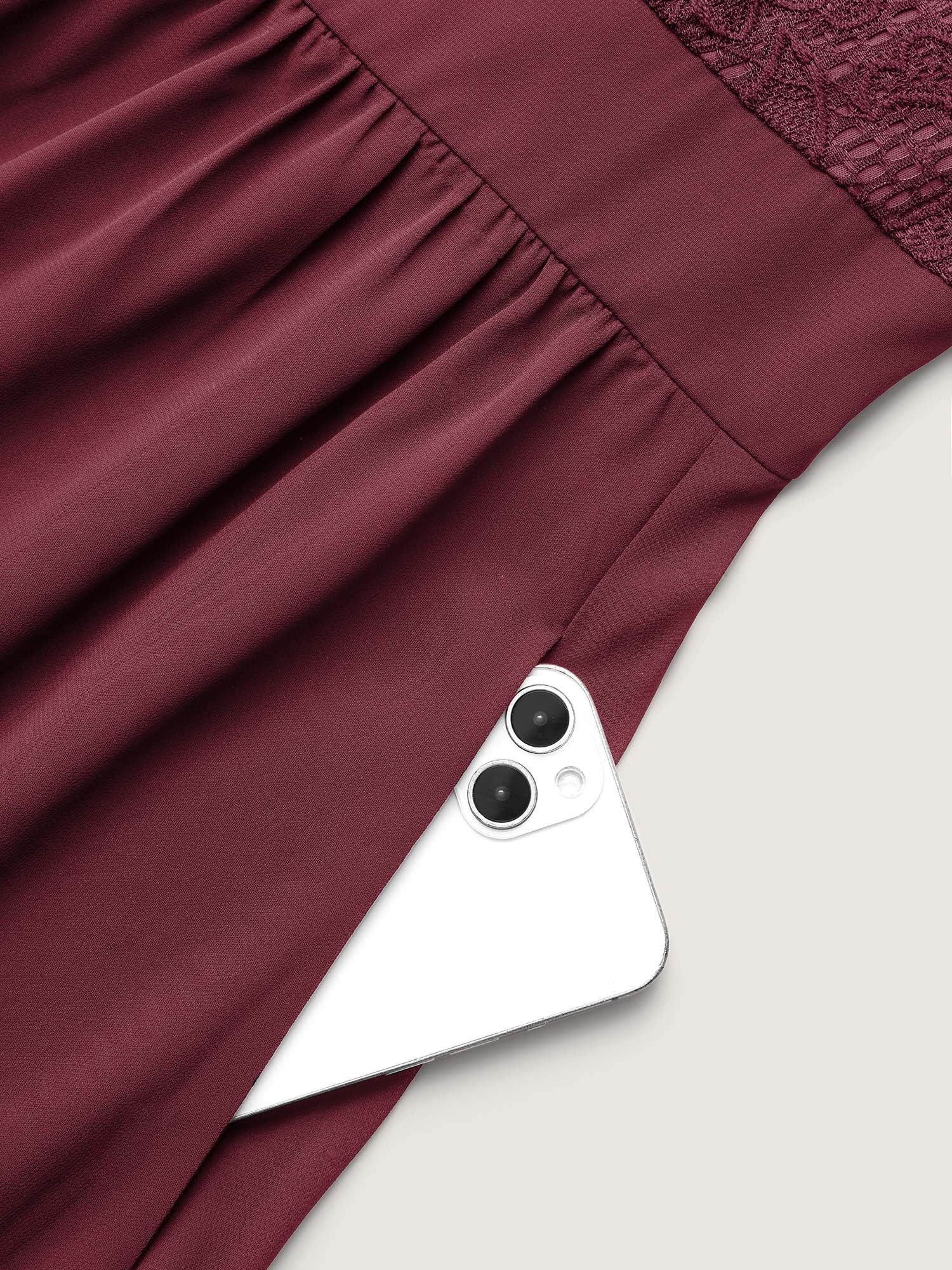 Lace Patchwork Shirred Midi Pocket Dress - Image 14