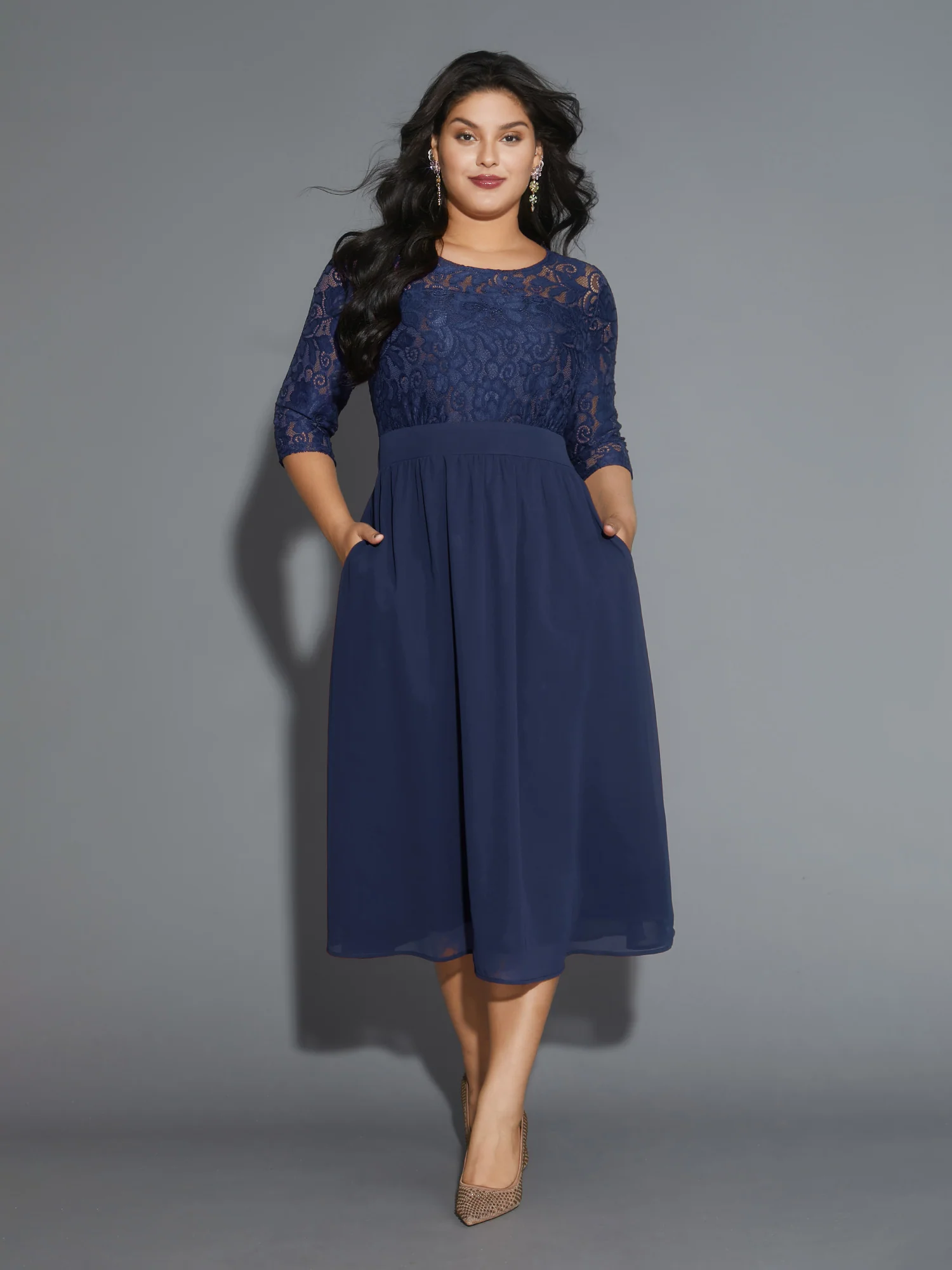 Lace Patchwork Shirred Midi Pocket Dress - Image 16
