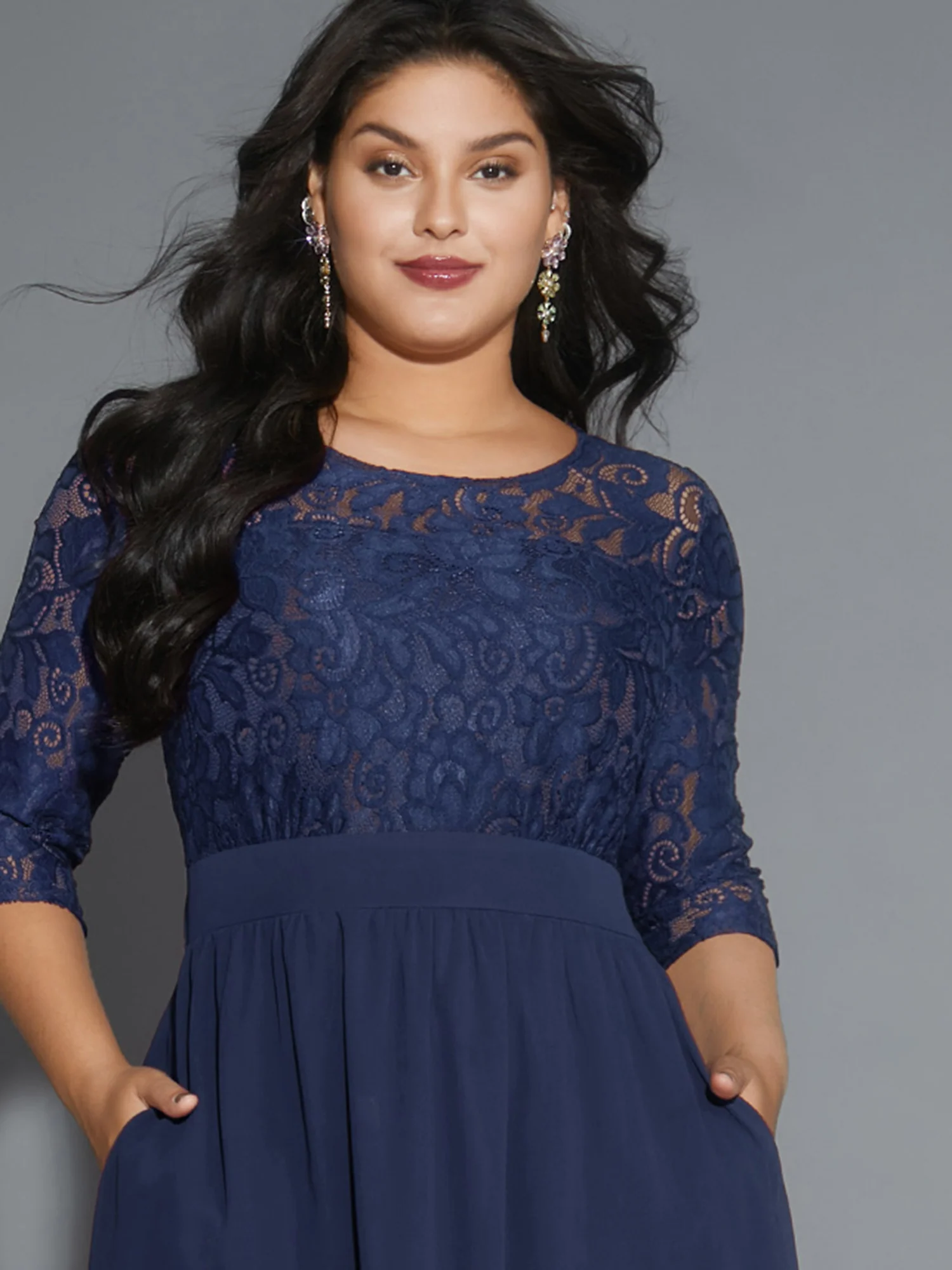 Lace Patchwork Shirred Midi Pocket Dress - Image 19