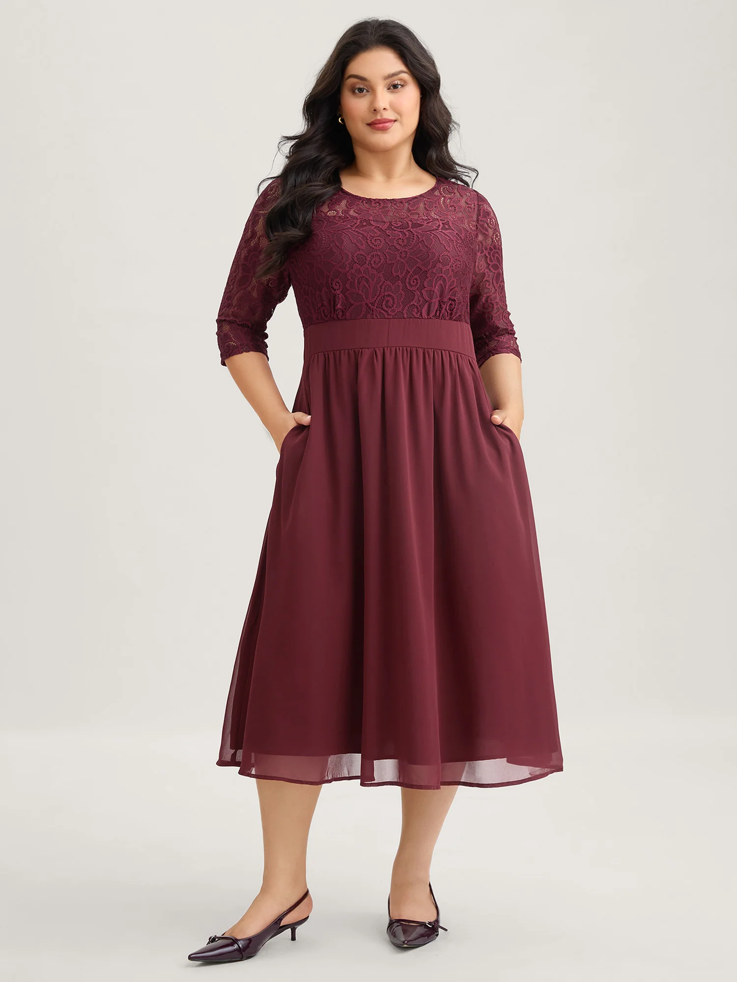 Lace Patchwork Shirred Midi Pocket Dress - Image 9