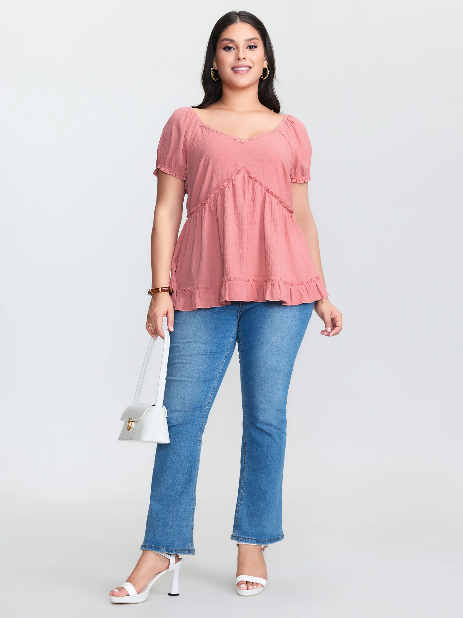 Lace Trim Ruffled Hem Plain Blouse - Image 3