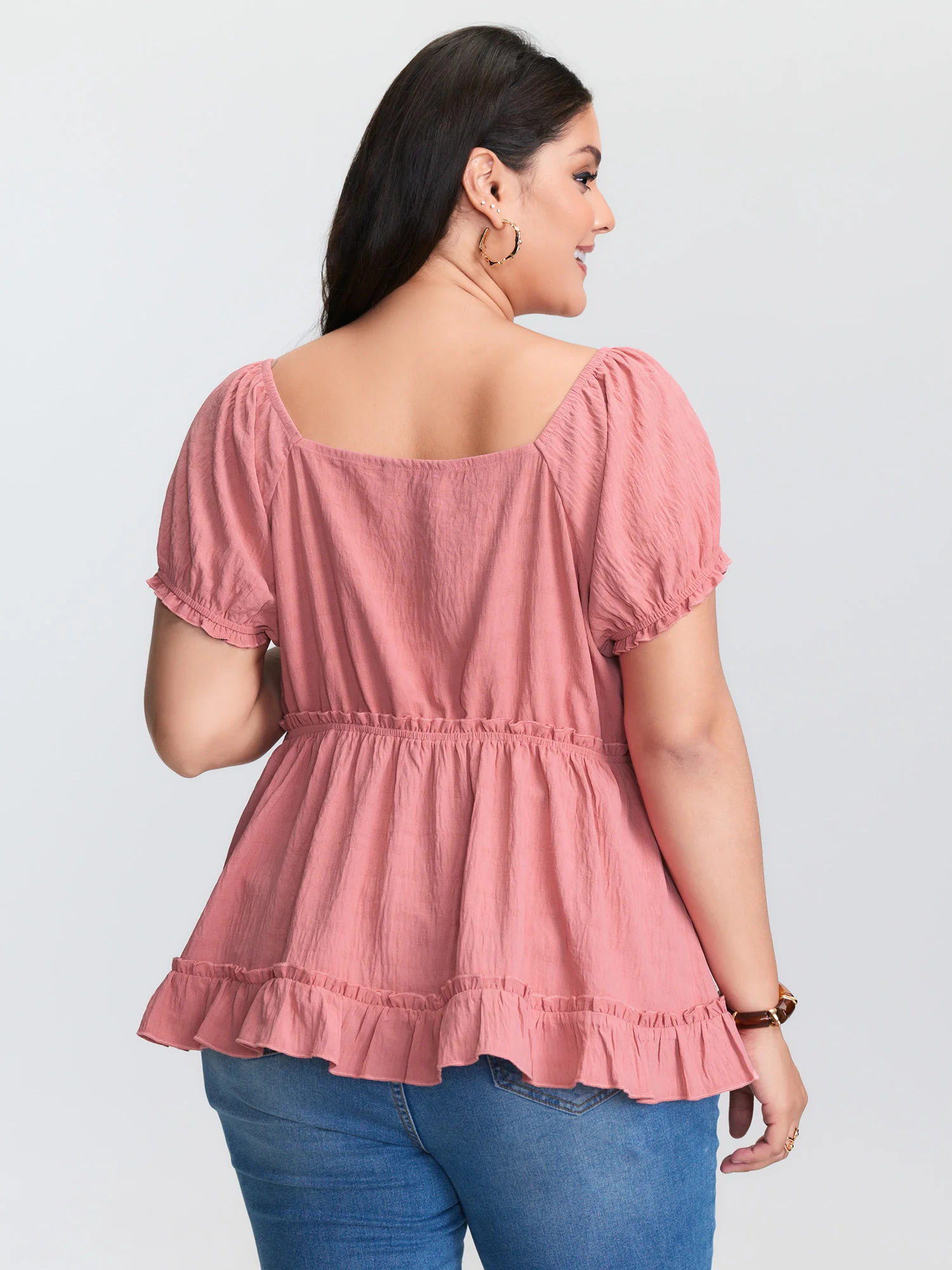 Lace Trim Ruffled Hem Plain Blouse - Image 4