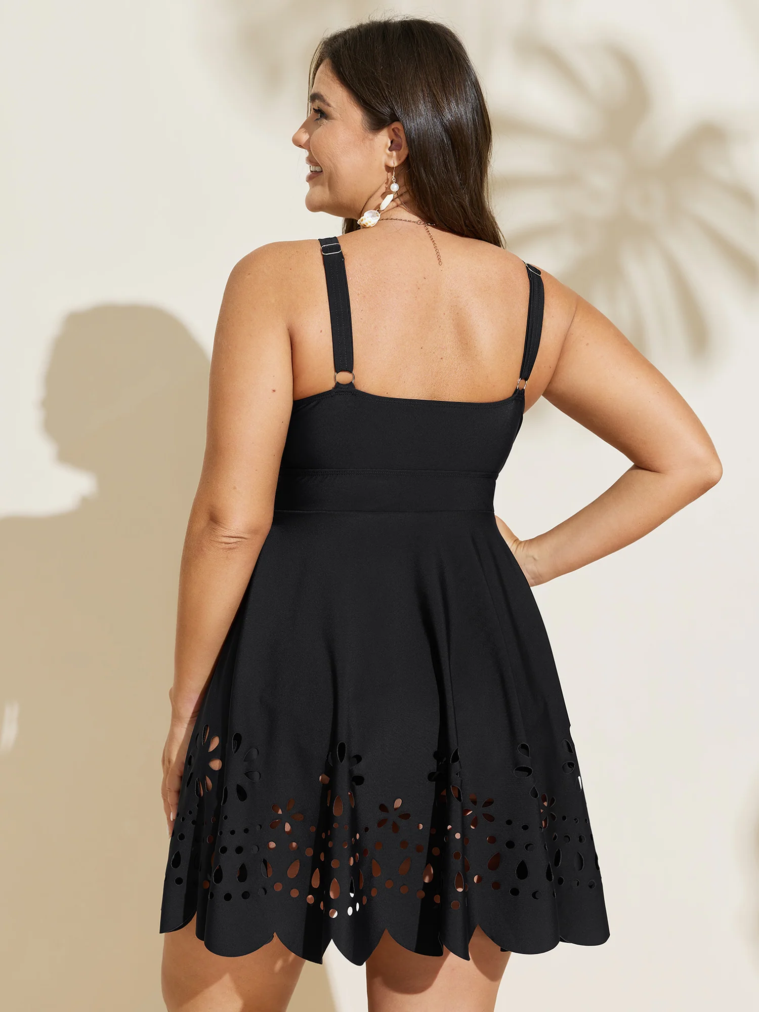Laser Cut Surplice Neck Waist-Cinched Swim Dress - Image 5
