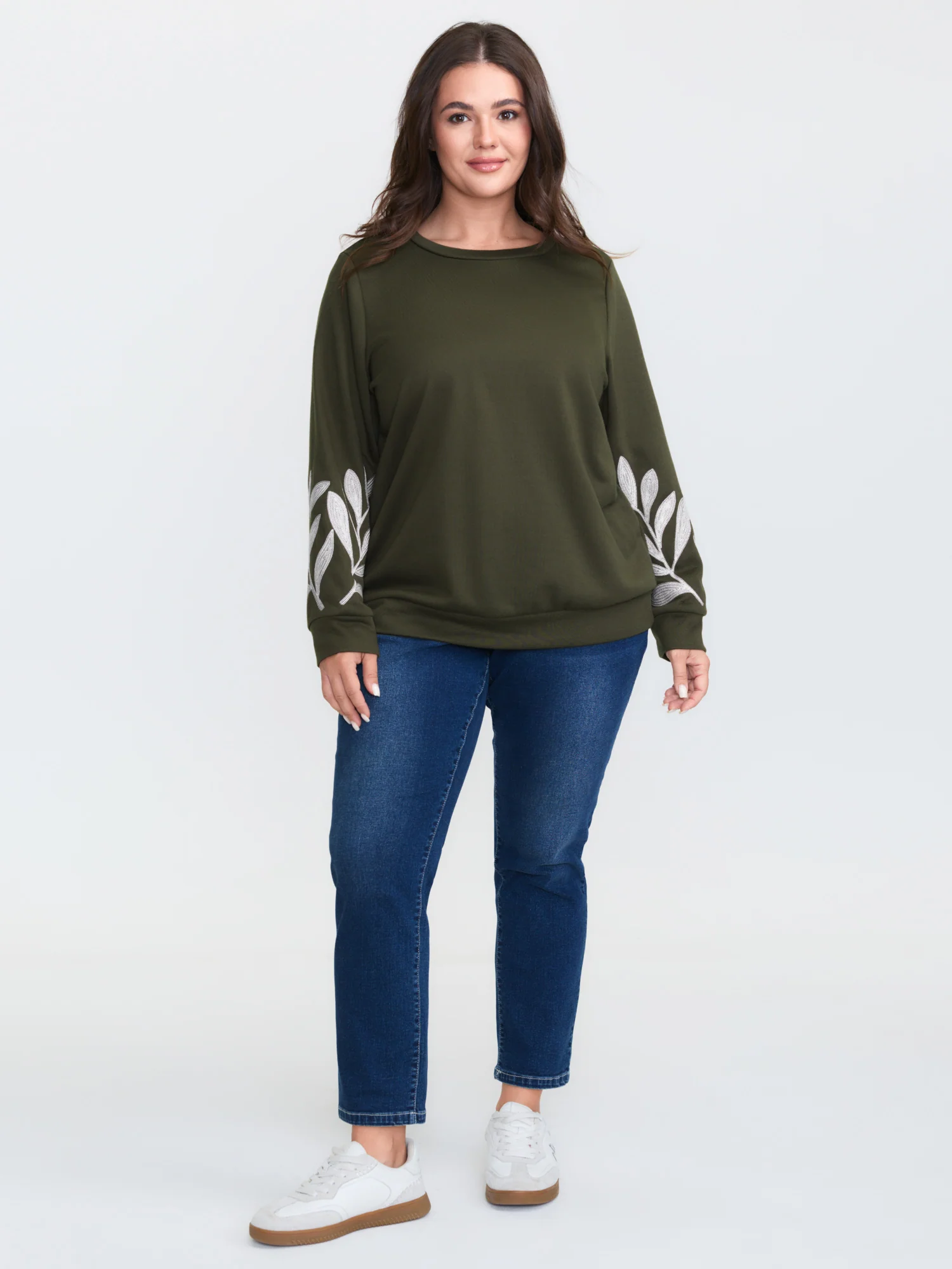 Leaf Embroidered Sleeve Round Neck Sweatshirt - Image 3