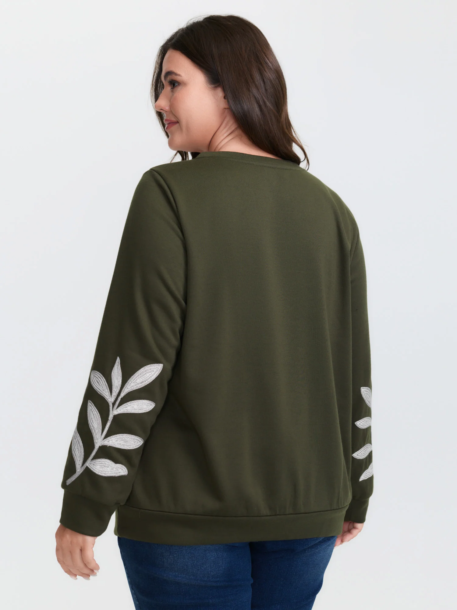 Leaf Embroidered Sleeve Round Neck Sweatshirt - Image 4