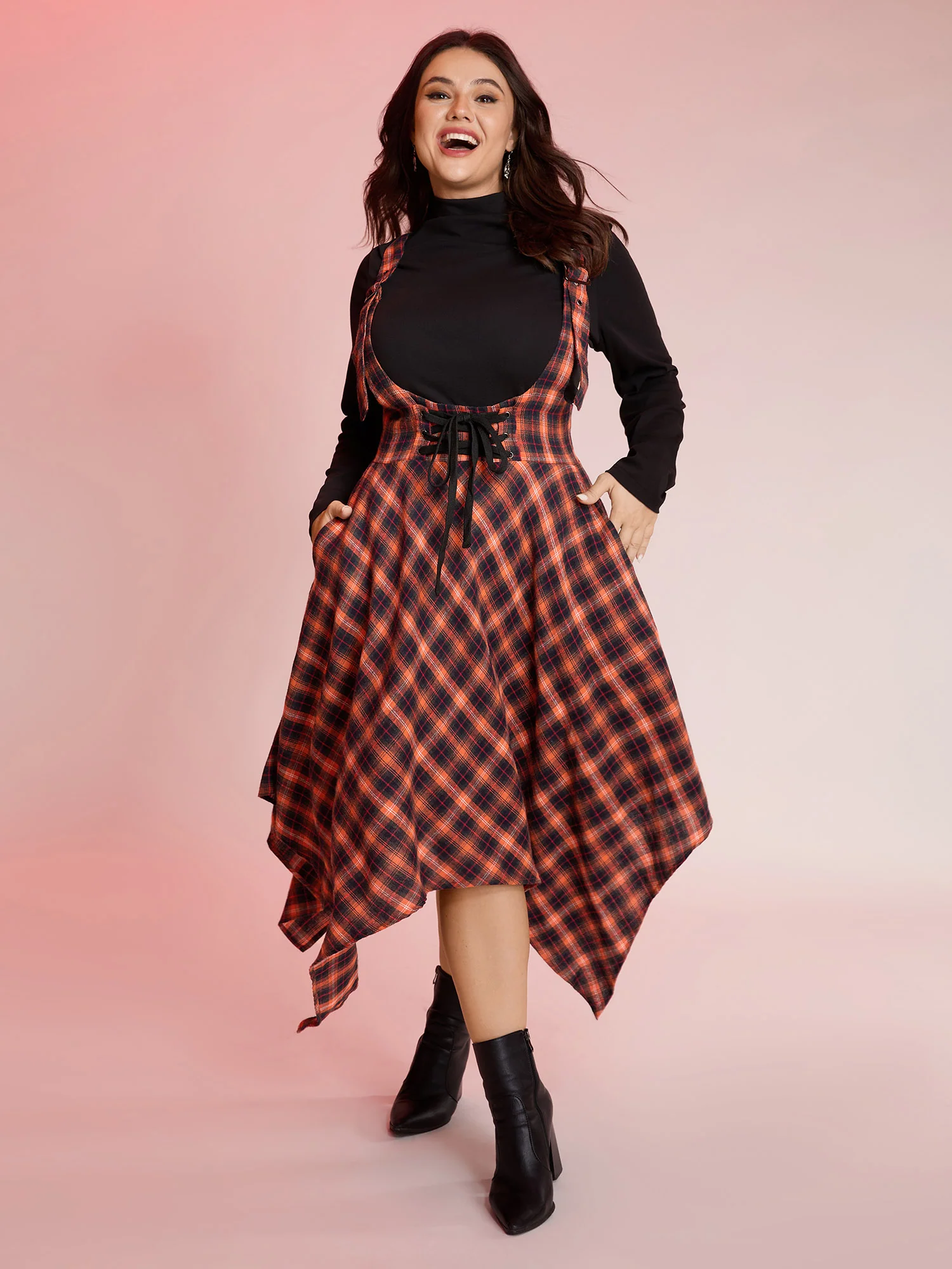Plaid Handkerchief-Hem Adjustable Midi Skirt - Image 3
