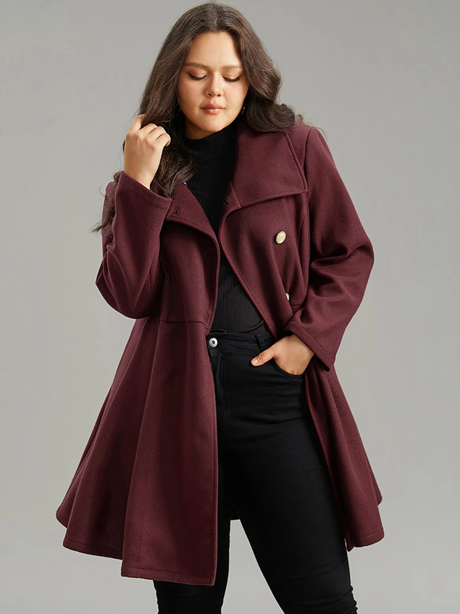 Plain Button Up Pocket Asymmetrical Lapel Collar Coat - Image 16