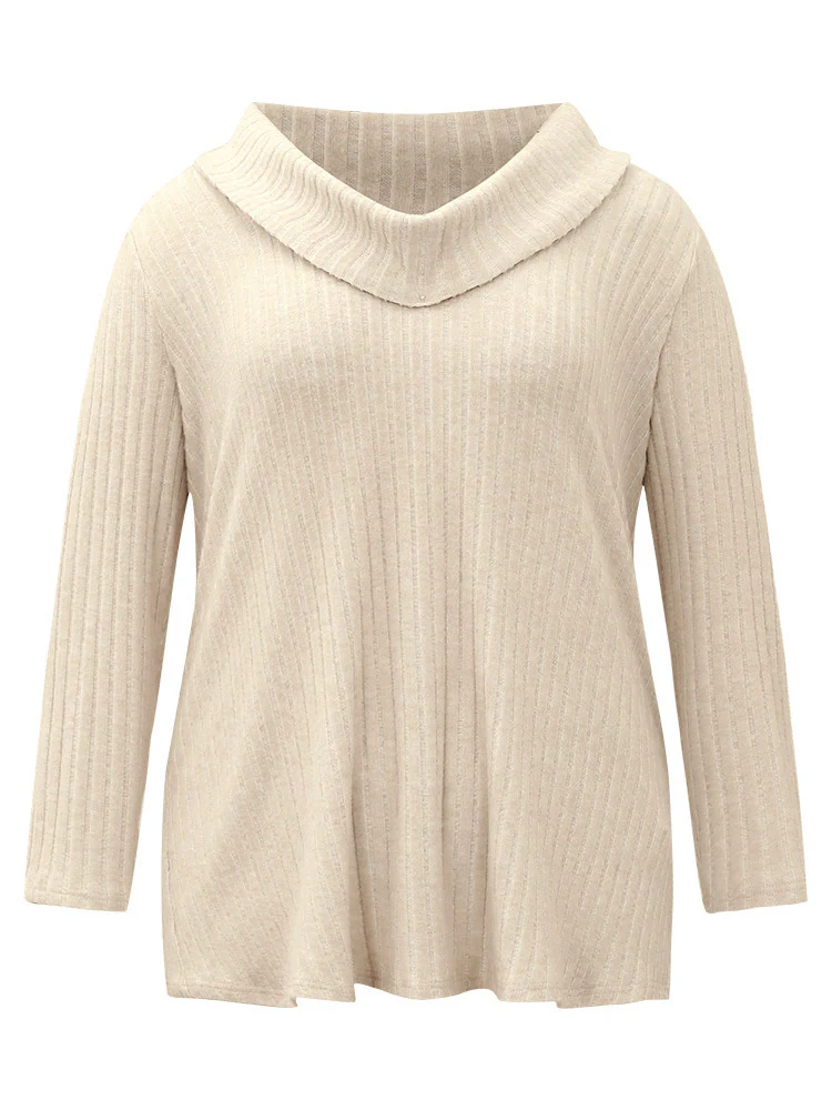 Plain Rib Knit Cowl Neck T-Shirt - Image 12