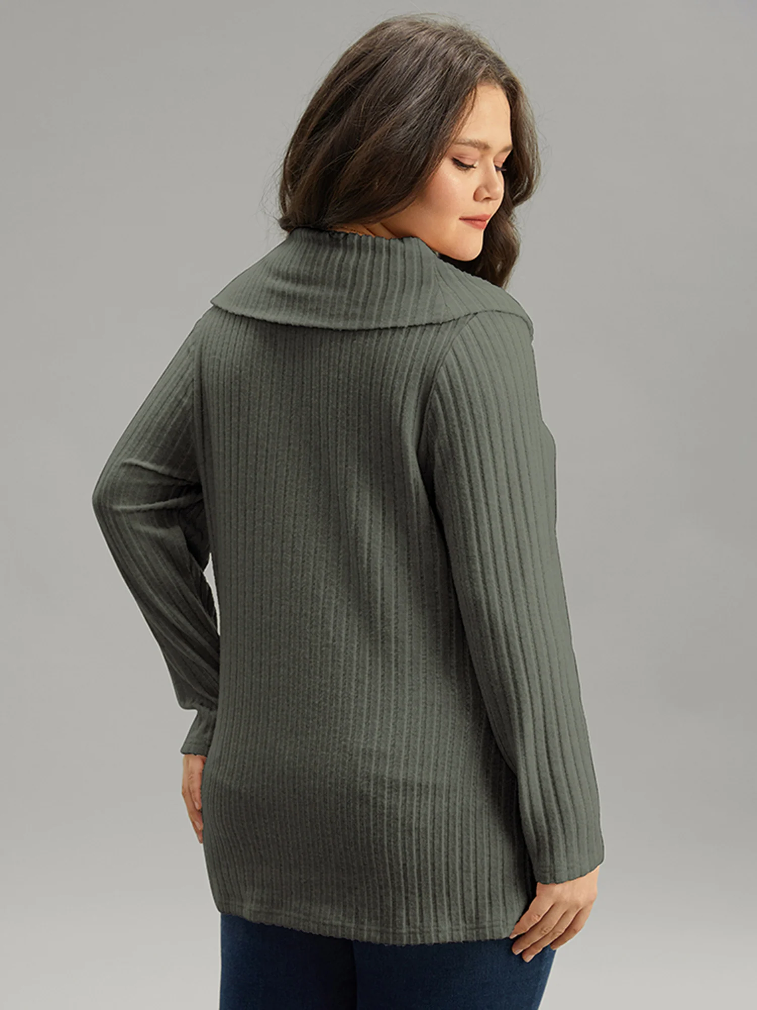 Plain Rib Knit Cowl Neck T-Shirt - Image 3