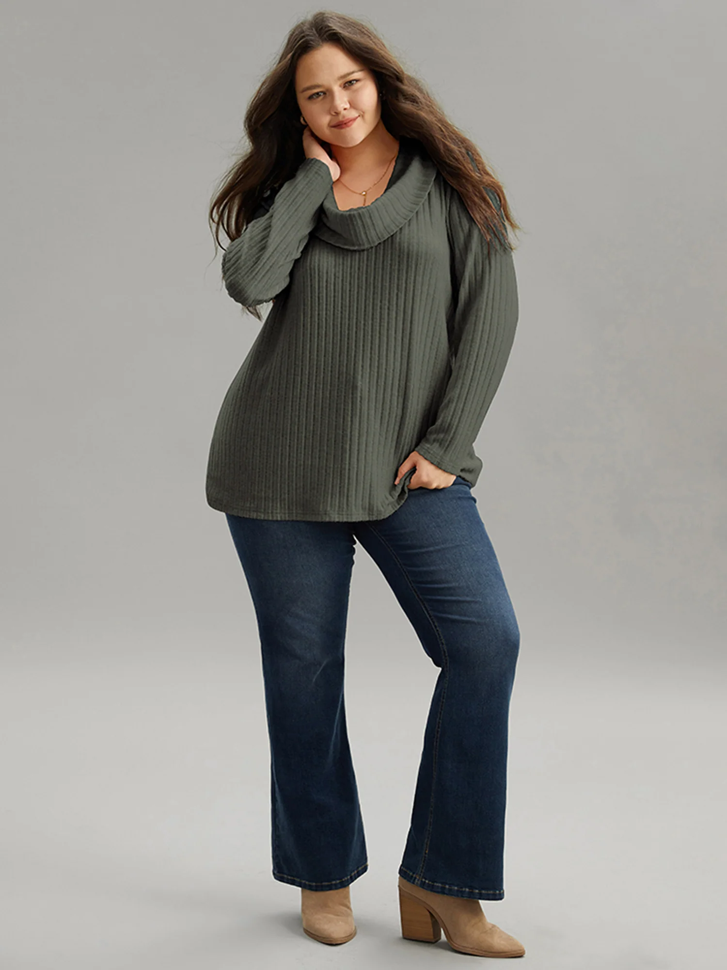 Plain Rib Knit Cowl Neck T-Shirt - Image 4