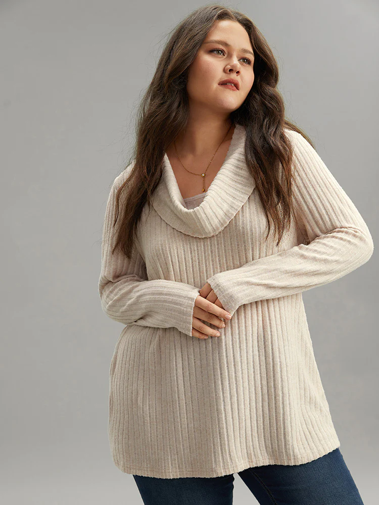 Plain Rib Knit Cowl Neck T-Shirt - Image 5