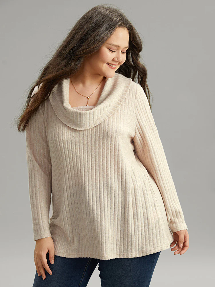 Plain Rib Knit Cowl Neck T-Shirt - Image 6