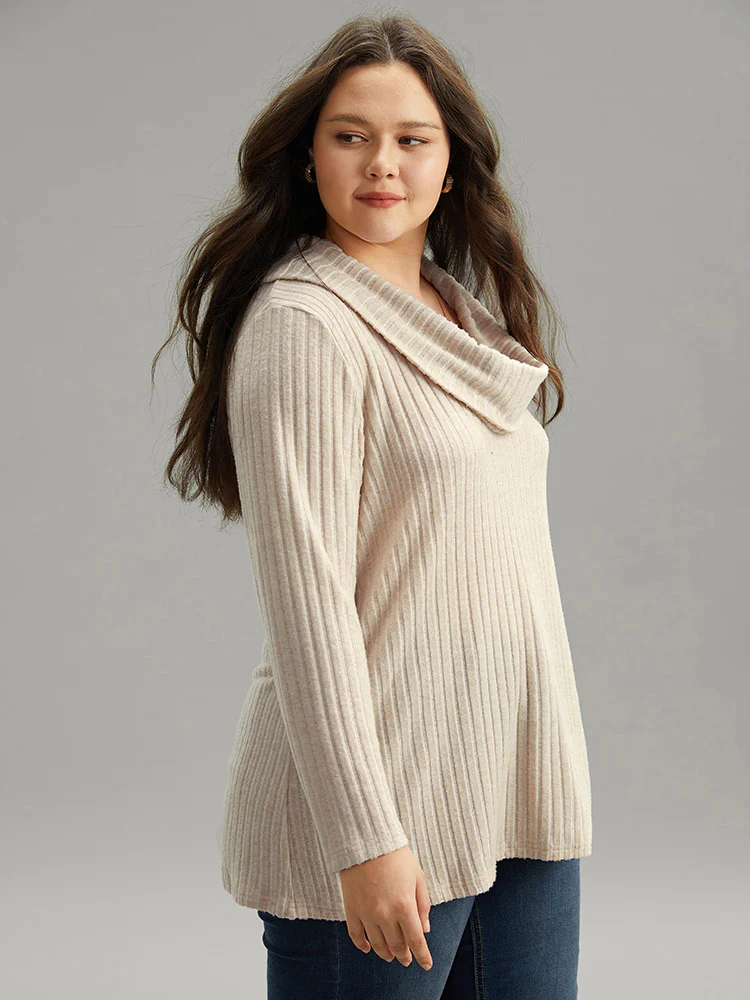 Plain Rib Knit Cowl Neck T-Shirt - Image 7