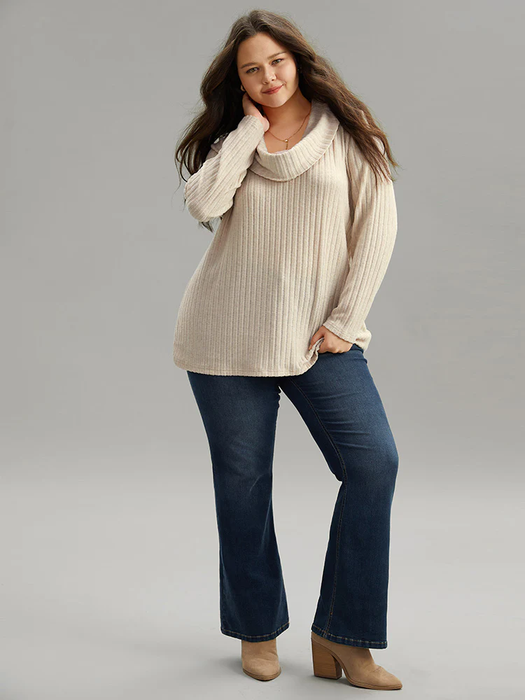 Plain Rib Knit Cowl Neck T-Shirt - Image 9