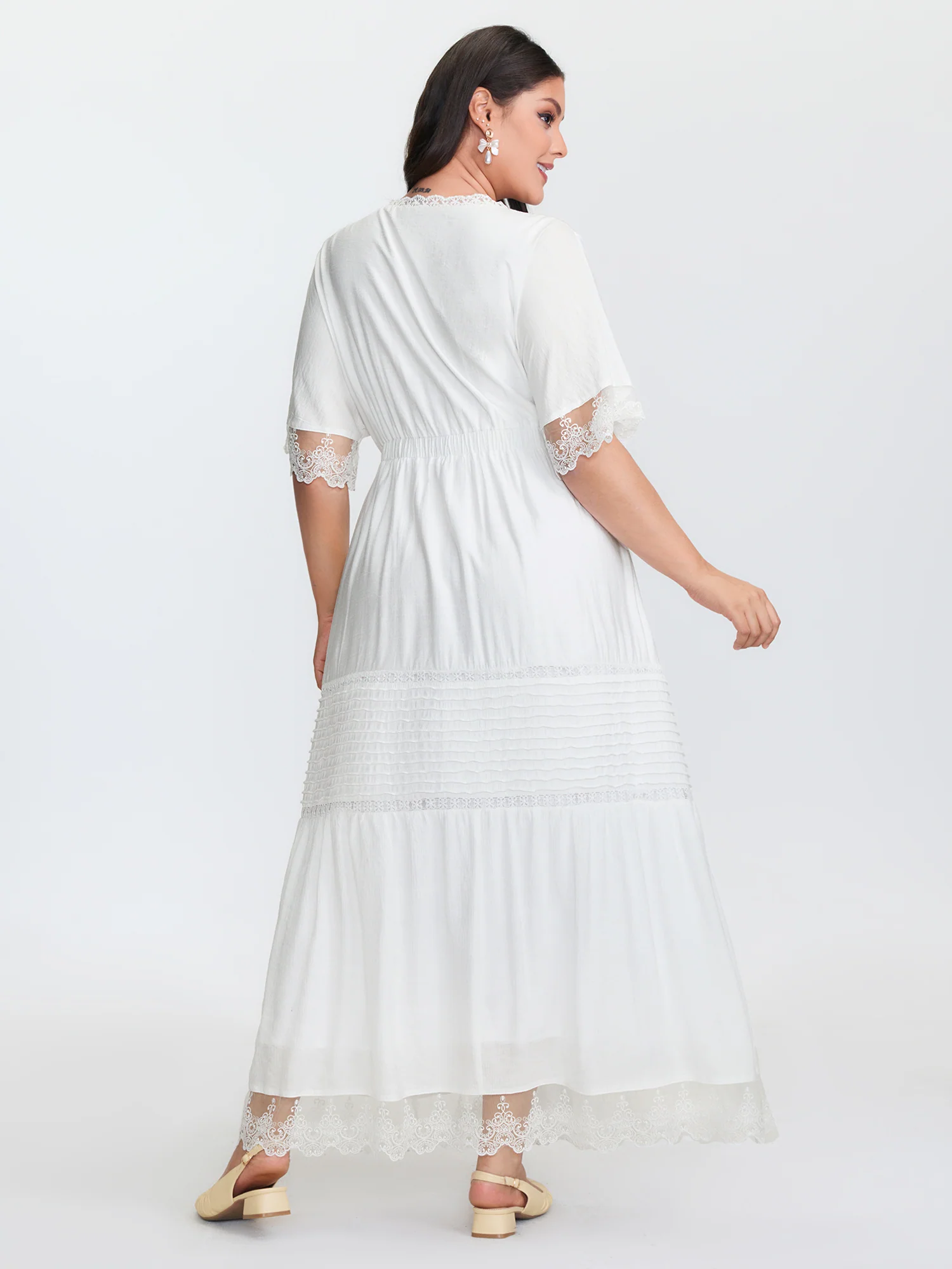 Pleated Neckline Romantic Lace Ruffled Maxi Dress - Image 4