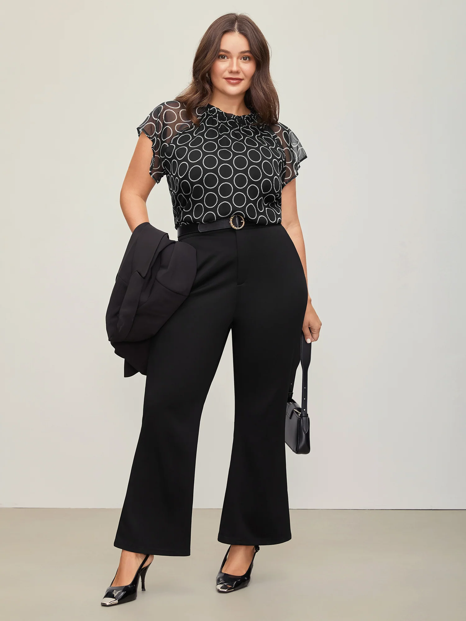 Polka Dot Mock Neck Mesh Patchwork Blouse - Image 3