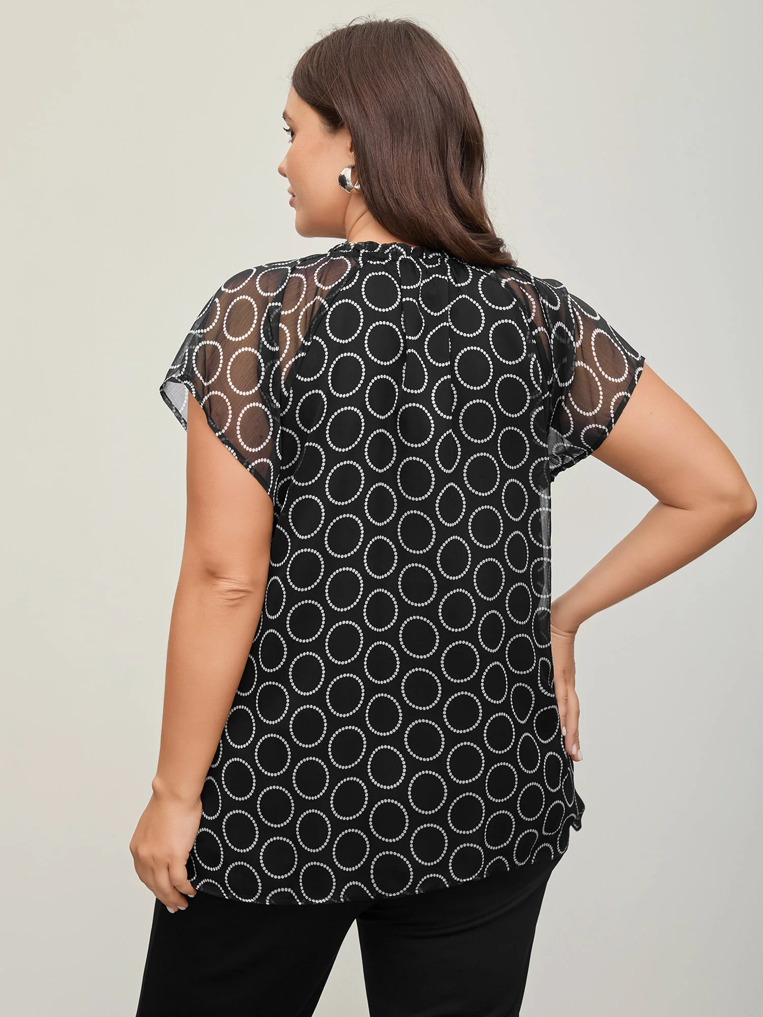 Polka Dot Mock Neck Mesh Patchwork Blouse - Image 4