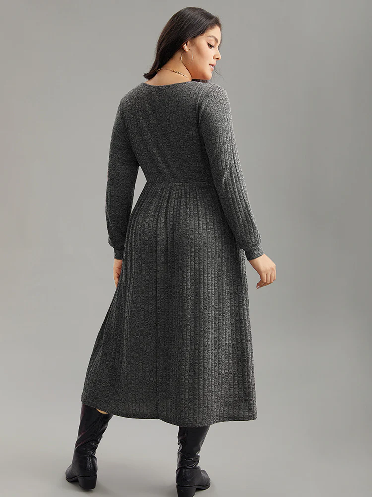 Rib Knit Plain Plisse Long Sleeve Dress - Image 10