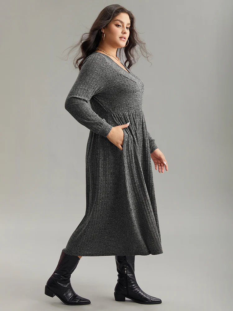Rib Knit Plain Plisse Long Sleeve Dress - Image 11