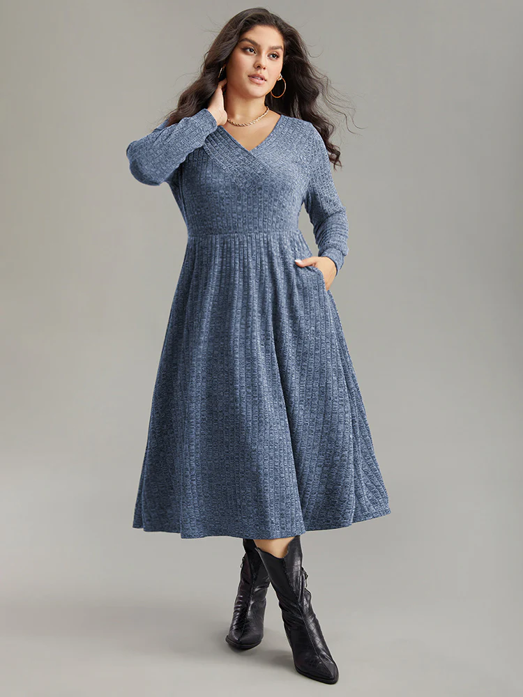 Rib Knit Plain Plisse Long Sleeve Dress - Image 13