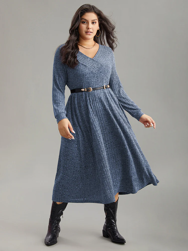 Rib Knit Plain Plisse Long Sleeve Dress - Image 14