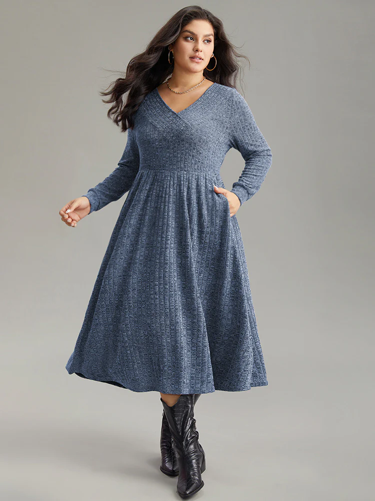 Rib Knit Plain Plisse Long Sleeve Dress - Image 15