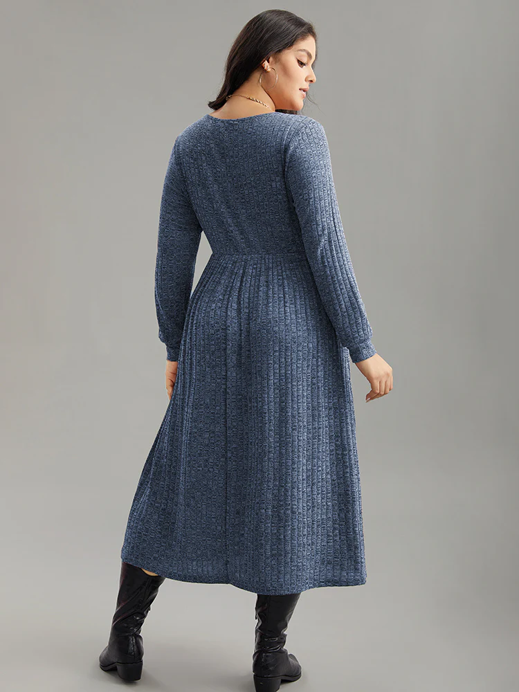 Rib Knit Plain Plisse Long Sleeve Dress - Image 16