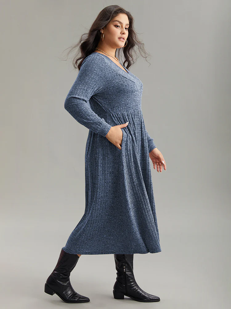 Rib Knit Plain Plisse Long Sleeve Dress - Image 17
