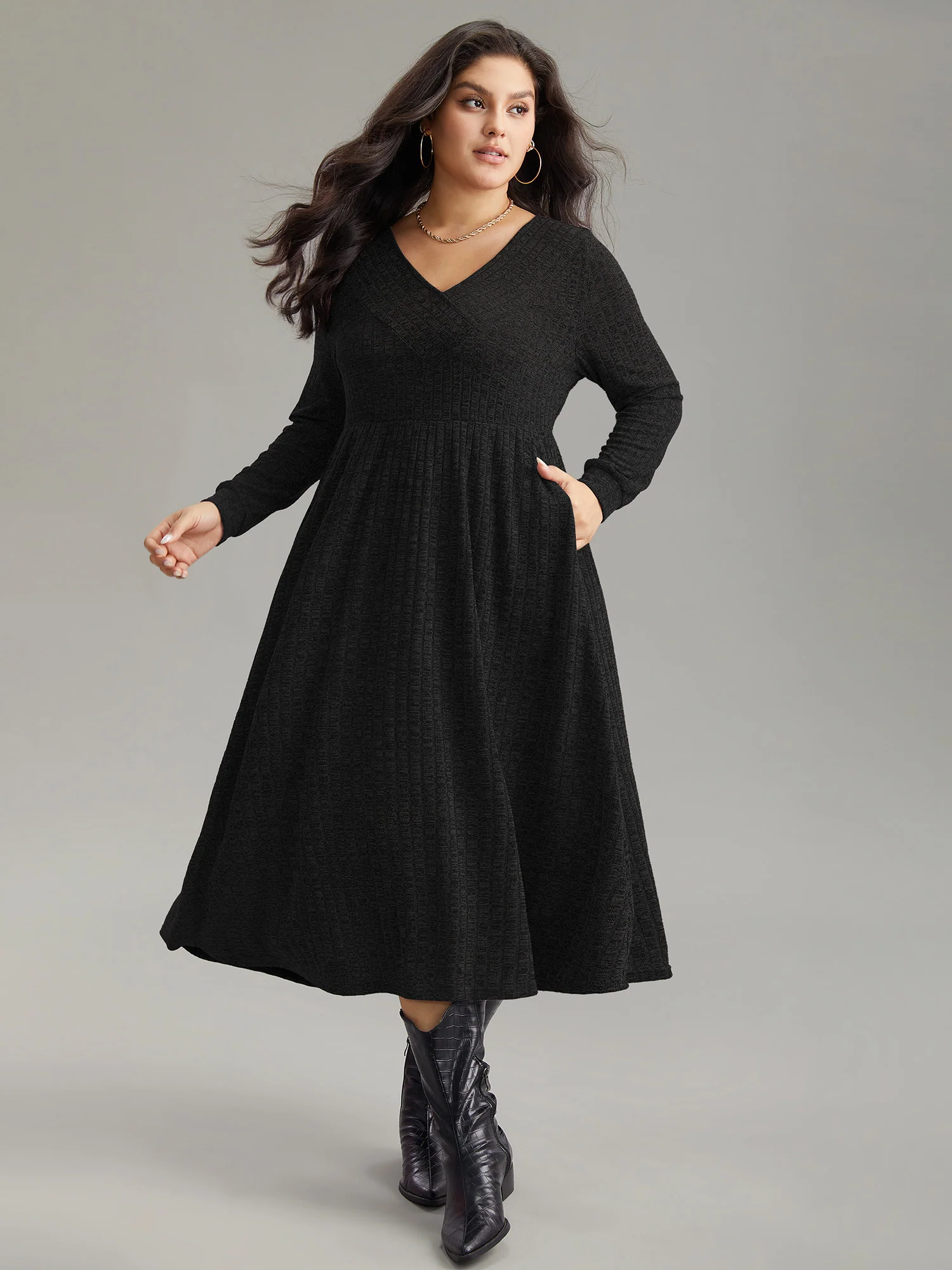 Rib Knit Plain Plisse Long Sleeve Dress - Image 18