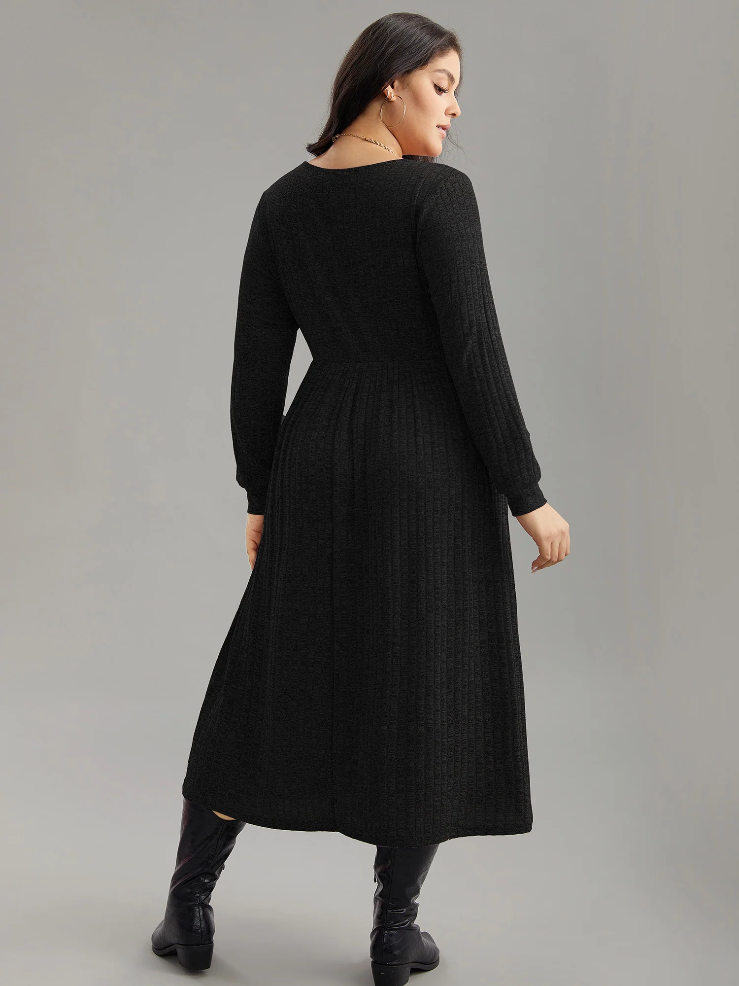 Rib Knit Plain Plisse Long Sleeve Dress - Image 19