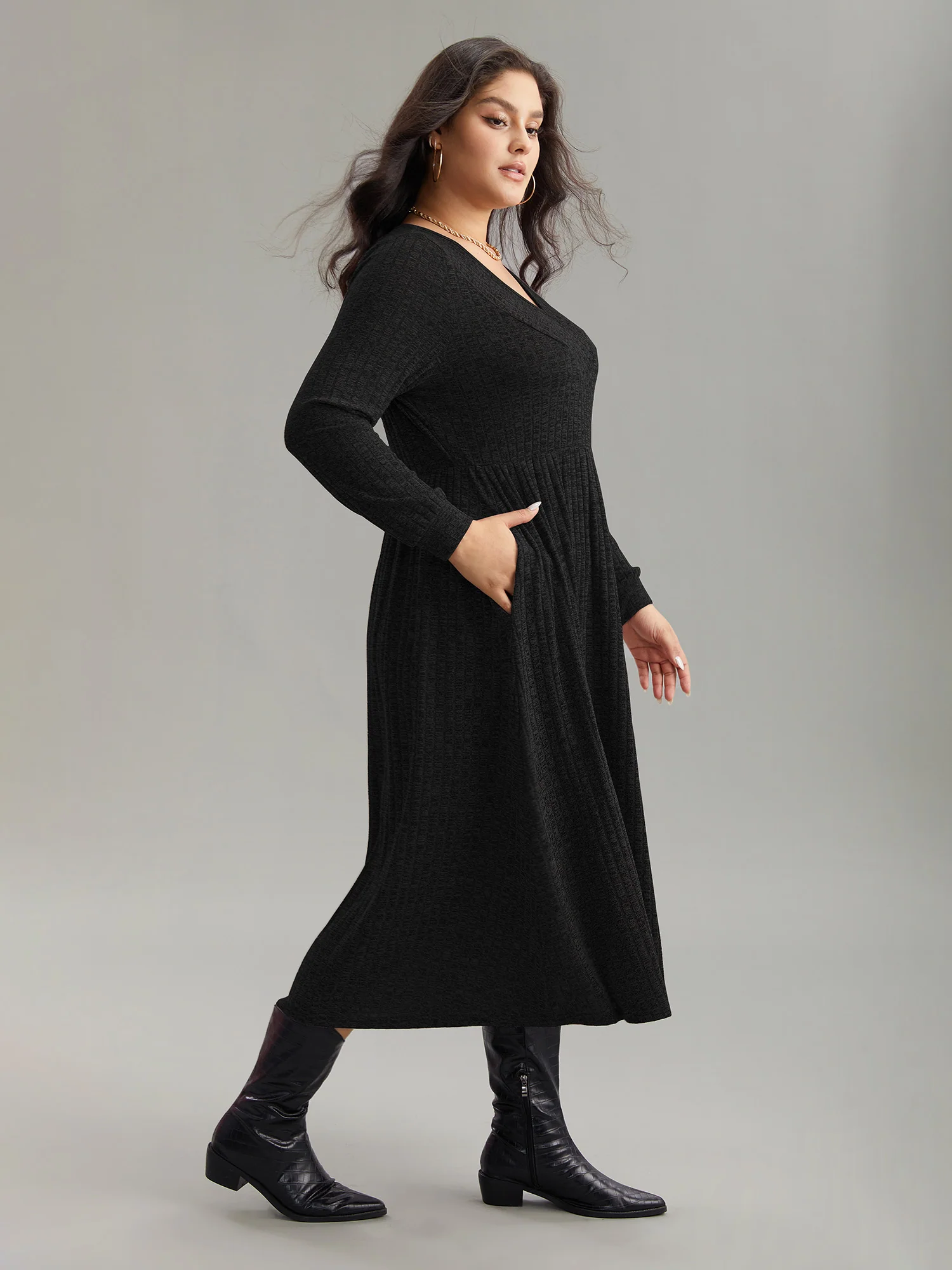 Rib Knit Plain Plisse Long Sleeve Dress - Image 20