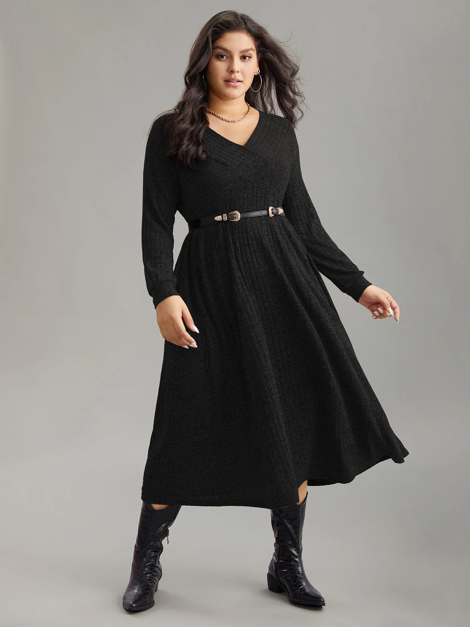 Rib Knit Plain Plisse Long Sleeve Dress - Image 22