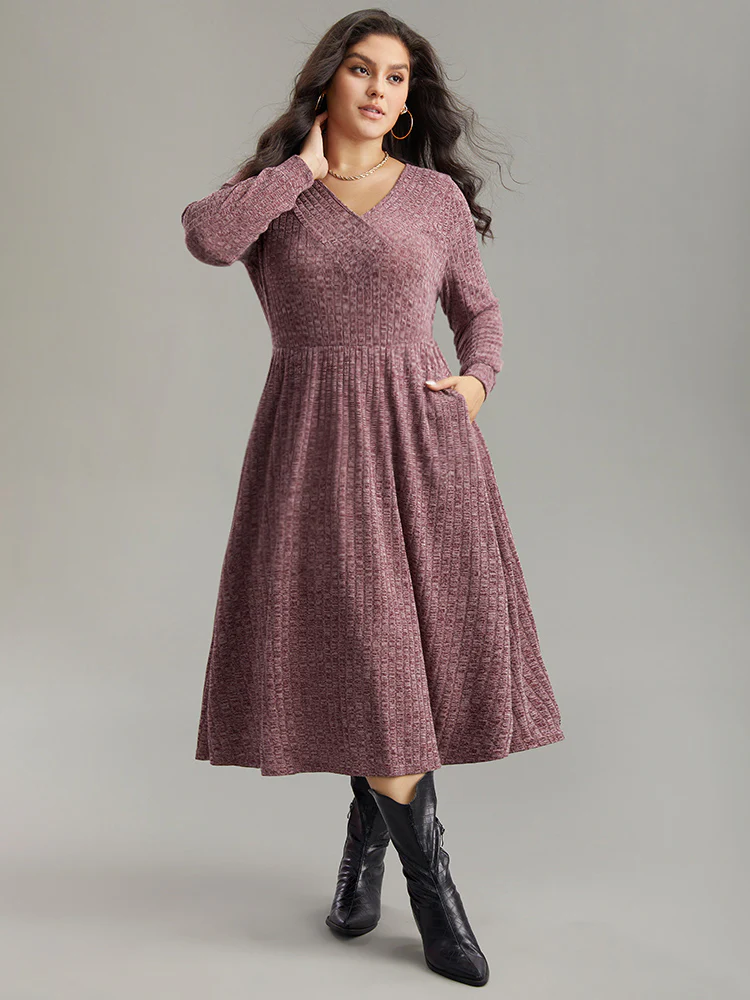 Rib Knit Plain Plisse Long Sleeve Dress - Image 23