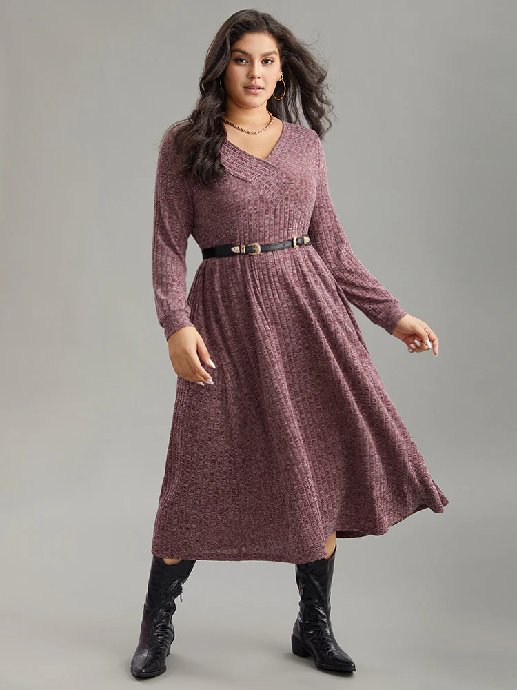 Rib Knit Plain Plisse Long Sleeve Dress - Image 24