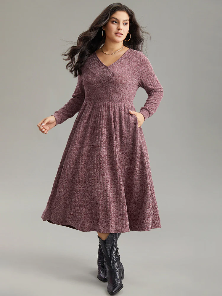 Rib Knit Plain Plisse Long Sleeve Dress - Image 25