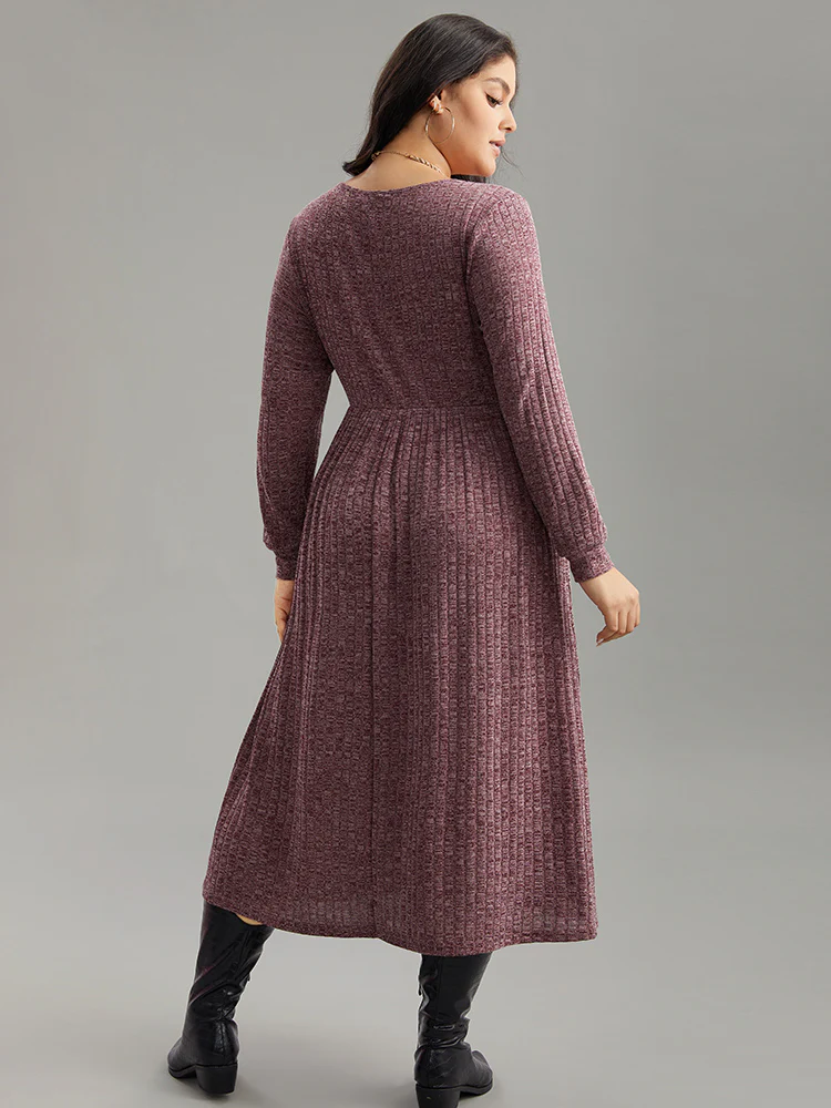 Rib Knit Plain Plisse Long Sleeve Dress - Image 26