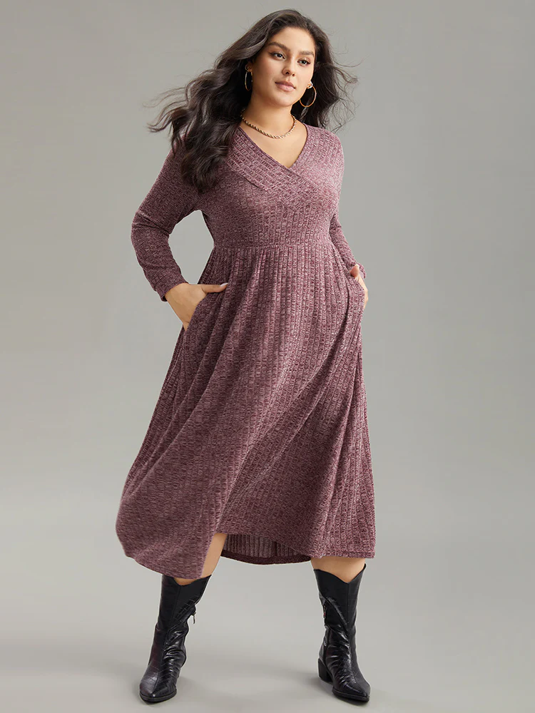Rib Knit Plain Plisse Long Sleeve Dress - Image 27