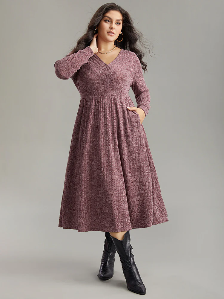 Rib Knit Plain Plisse Long Sleeve Dress - Image 28